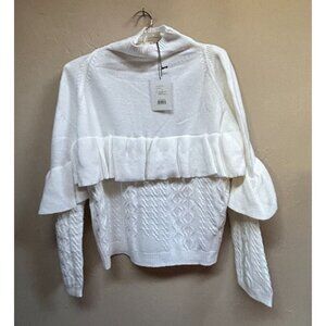 New Project Naadam White Mock neck Cable Knit Chunky Ruffle Sweater Women Large